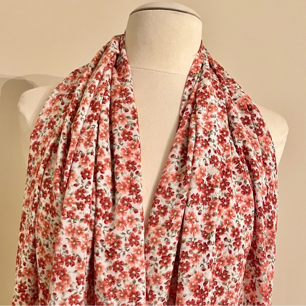 Handcrafted Floral Print Scarf in Light Pink Red and Green with Red Trim - Picture 3 of 8